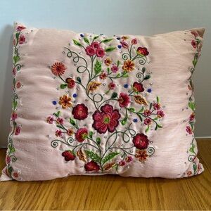 Hand Embroidered Floral Decorative Pillow Pink Silk, Beaded Accents, ITR Brand‎